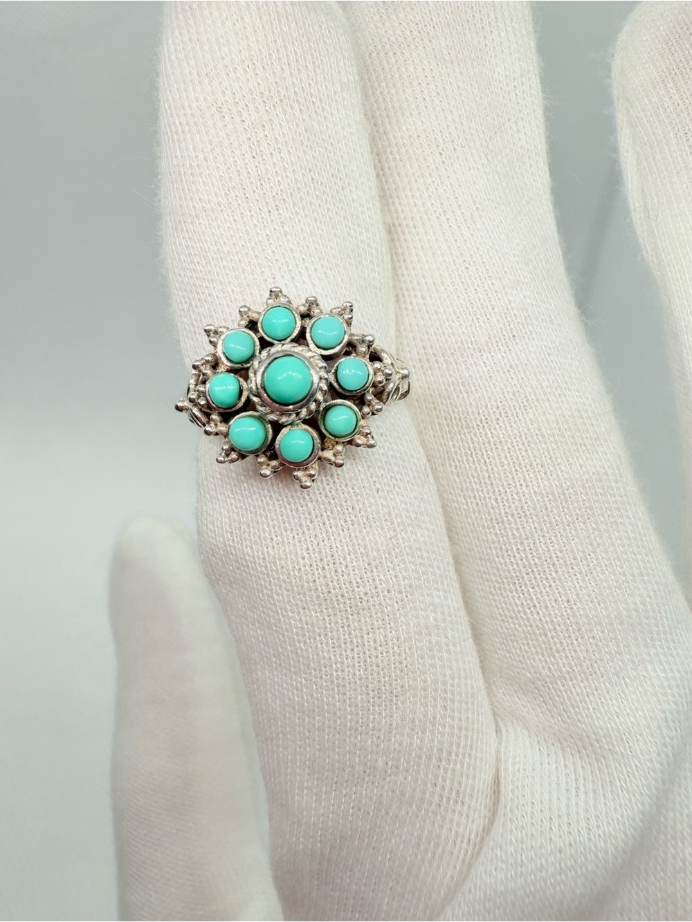 Vintage Boho Sterling Silver Turquoise Cluster Statement Ring Size 5.5